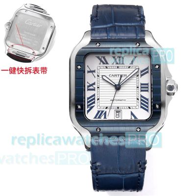 THB Factory Swiss Copy Santos De Cartier 9015 Blue ADLC Bezel Leather Strap Watch 